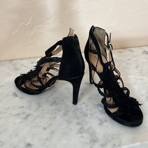 Antonio Melani Black - suede fringe strap with buckle and zipper pumps. Size 7M.